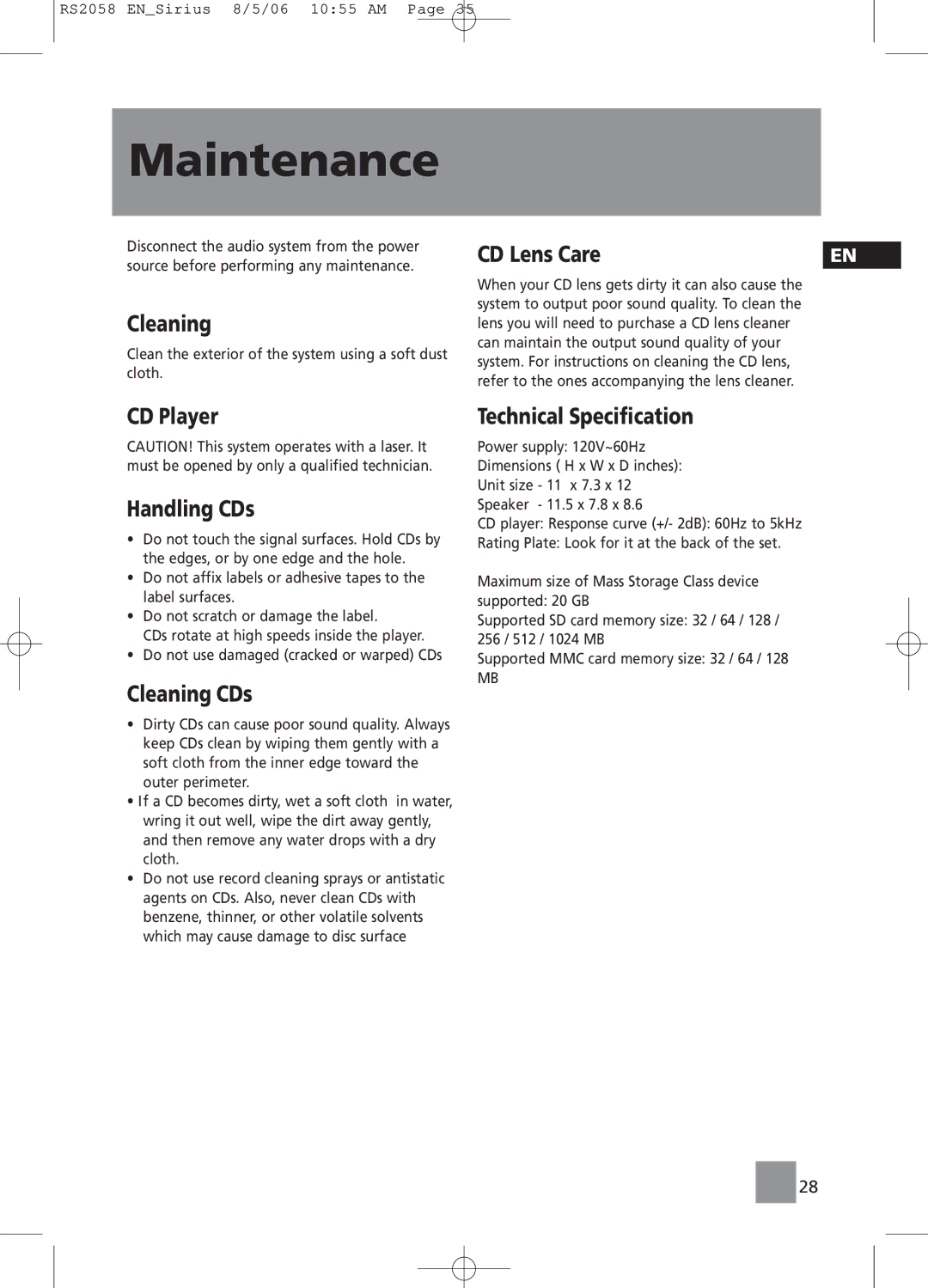 RCA RS2058 user manual Maintenance, CD Lens Care, CD Player Handling CDs, Cleaning CDs 