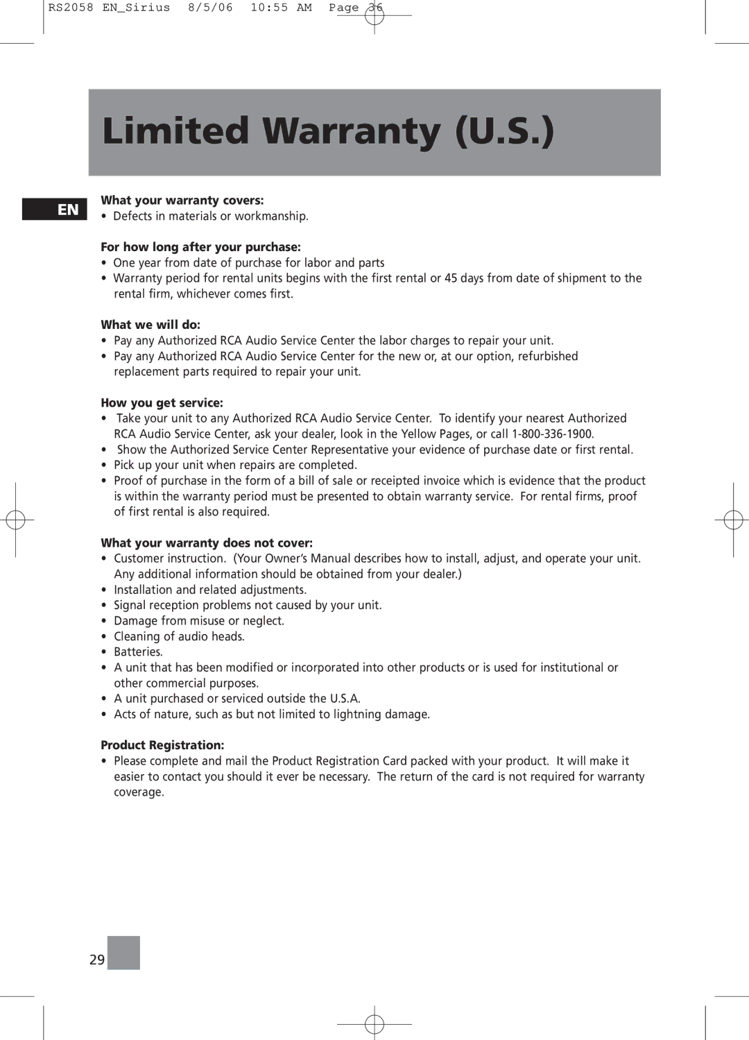 RCA RS2058 user manual Limited Warranty U.S 