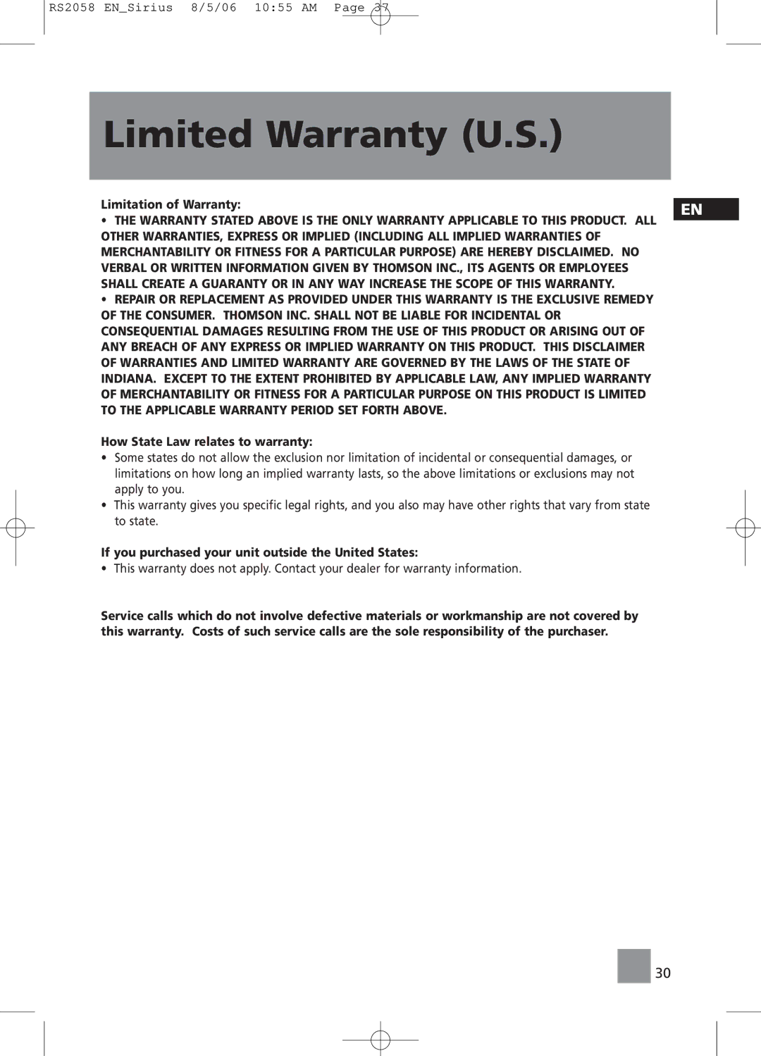 RCA RS2058 Limitation of Warranty, How State Law relates to warranty, If you purchased your unit outside the United States 