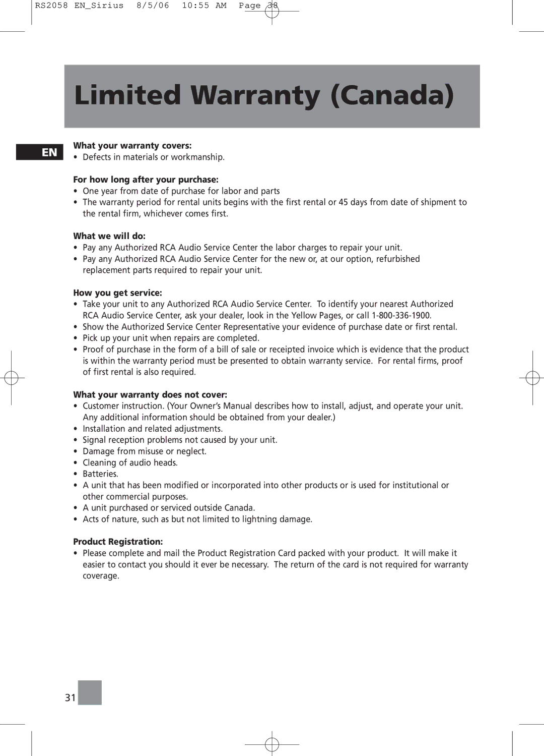 RCA RS2058 user manual Limited Warranty Canada 