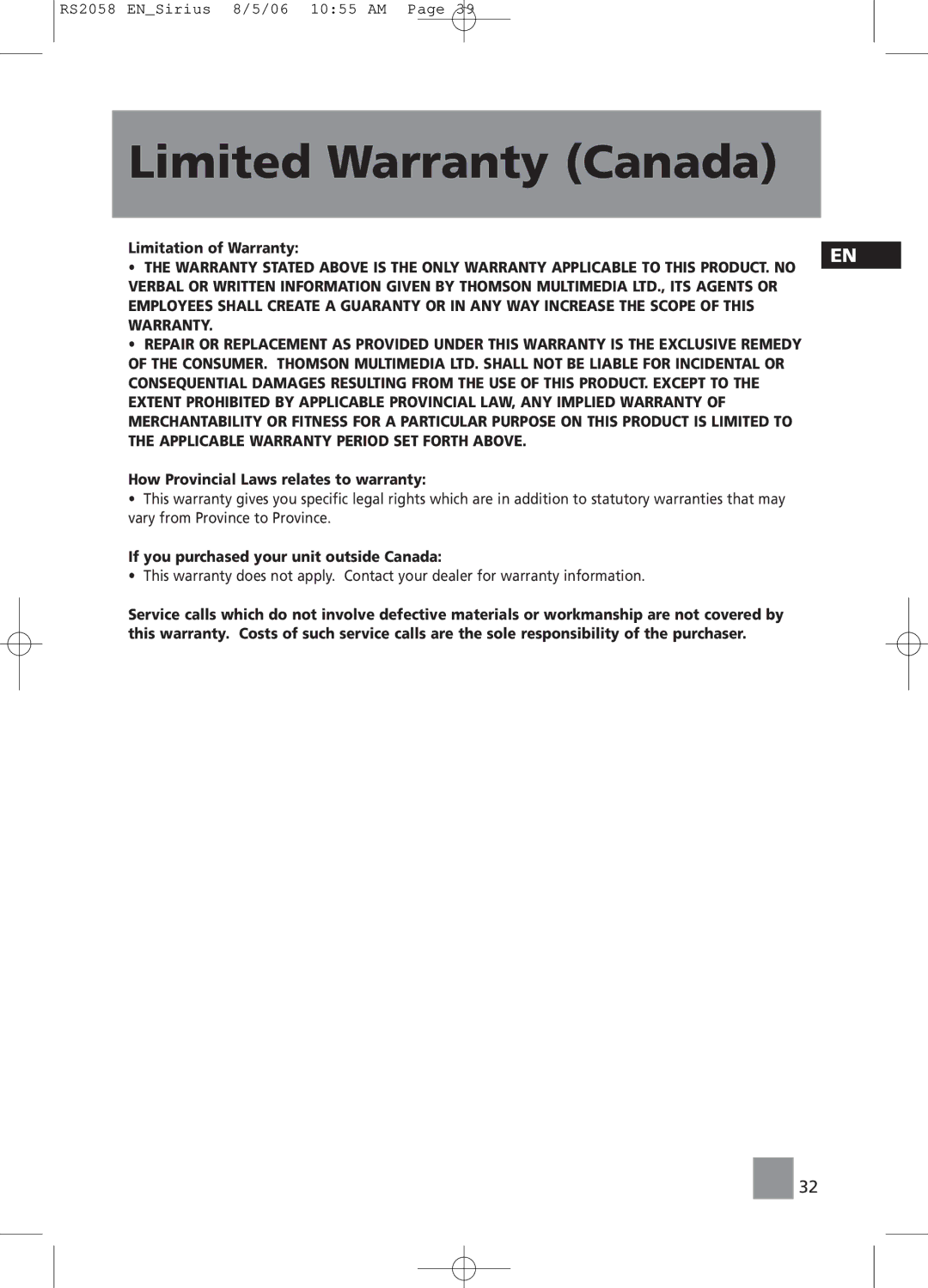 RCA RS2058 user manual How Provincial Laws relates to warranty, If you purchased your unit outside Canada 