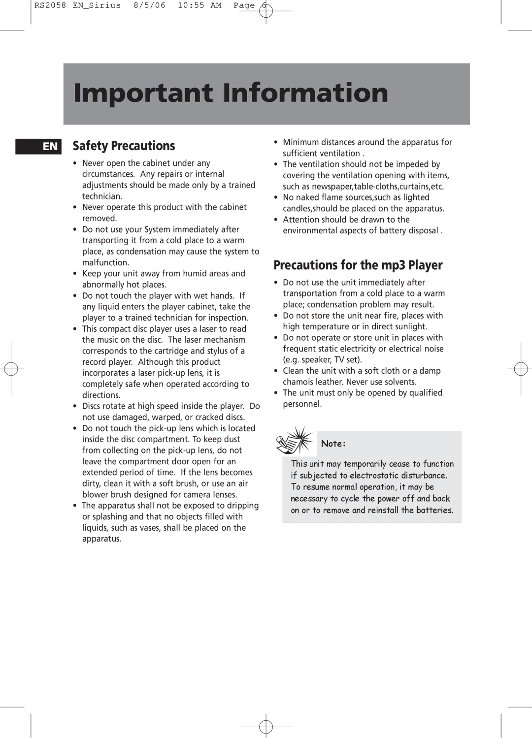 RCA RS2058 user manual Important Information, EN Safety Precautions, Precautions for the mp3 Player 