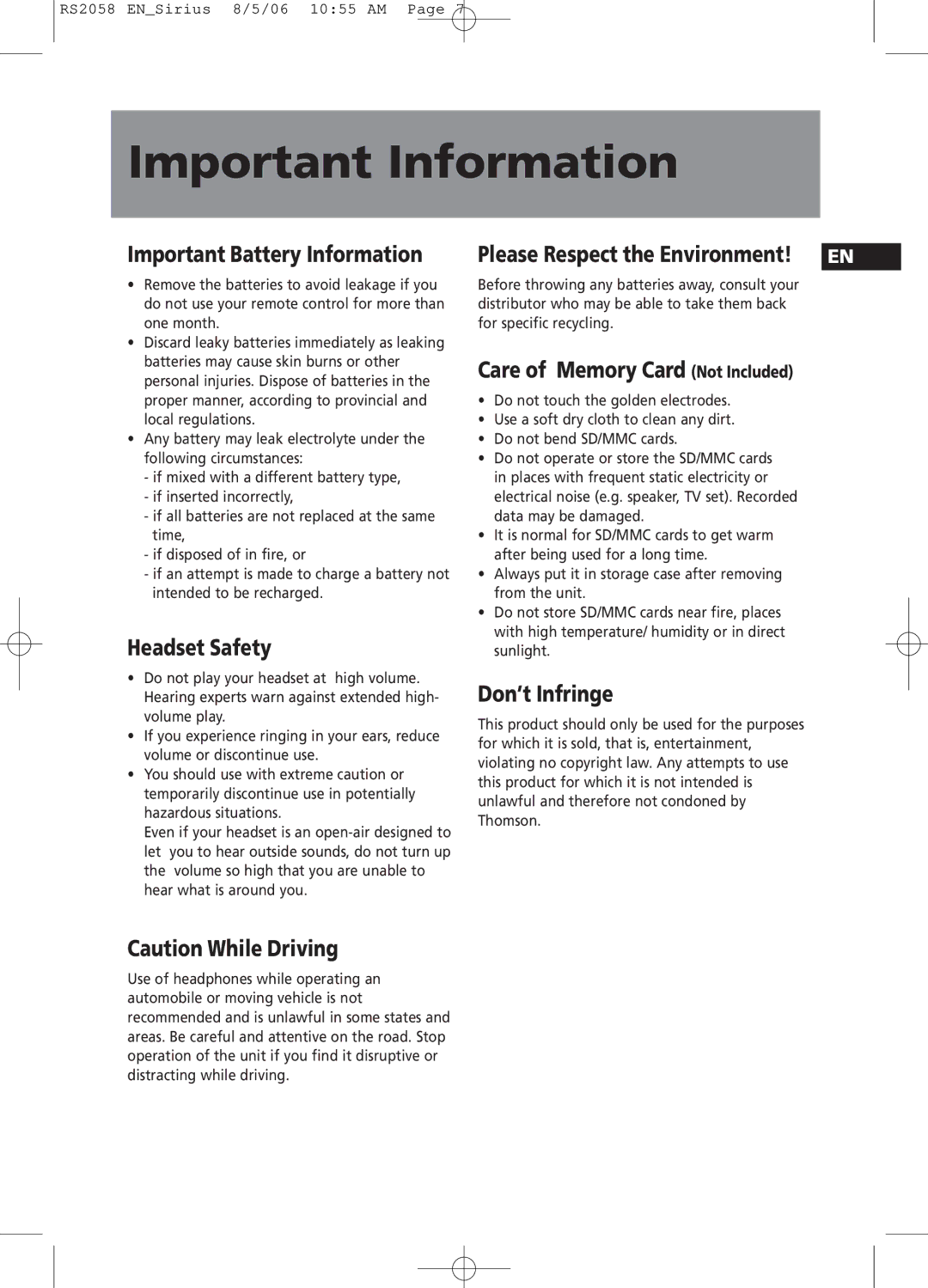 RCA RS2058 user manual Important Battery Information, Headset Safety, Care of Memory Card Not Included, Don’t Infringe 