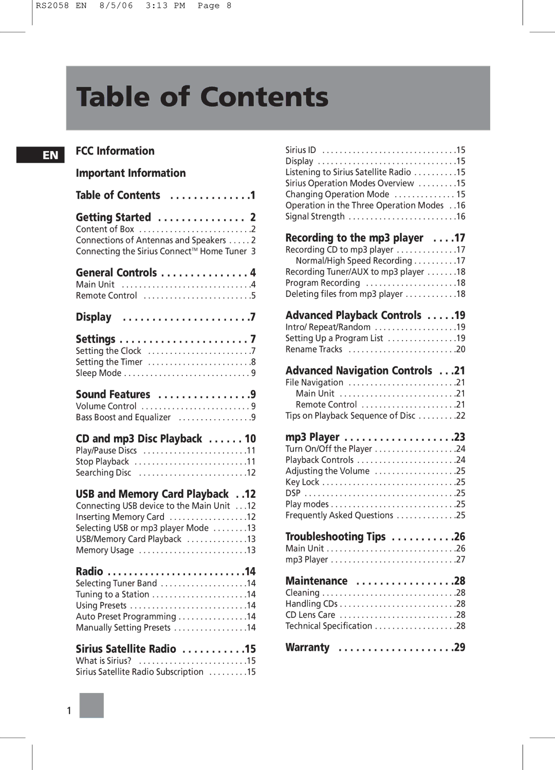 RCA RS2058 user manual Table of Contents 