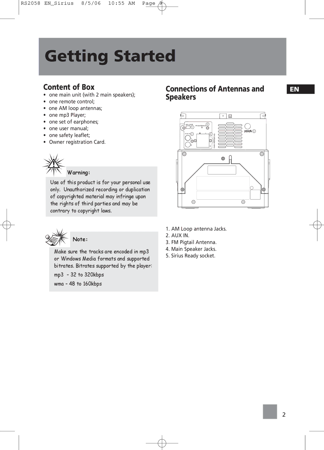 RCA RS2058 user manual Getting Started, Content of Box, Speakers, Connections of Antennas 