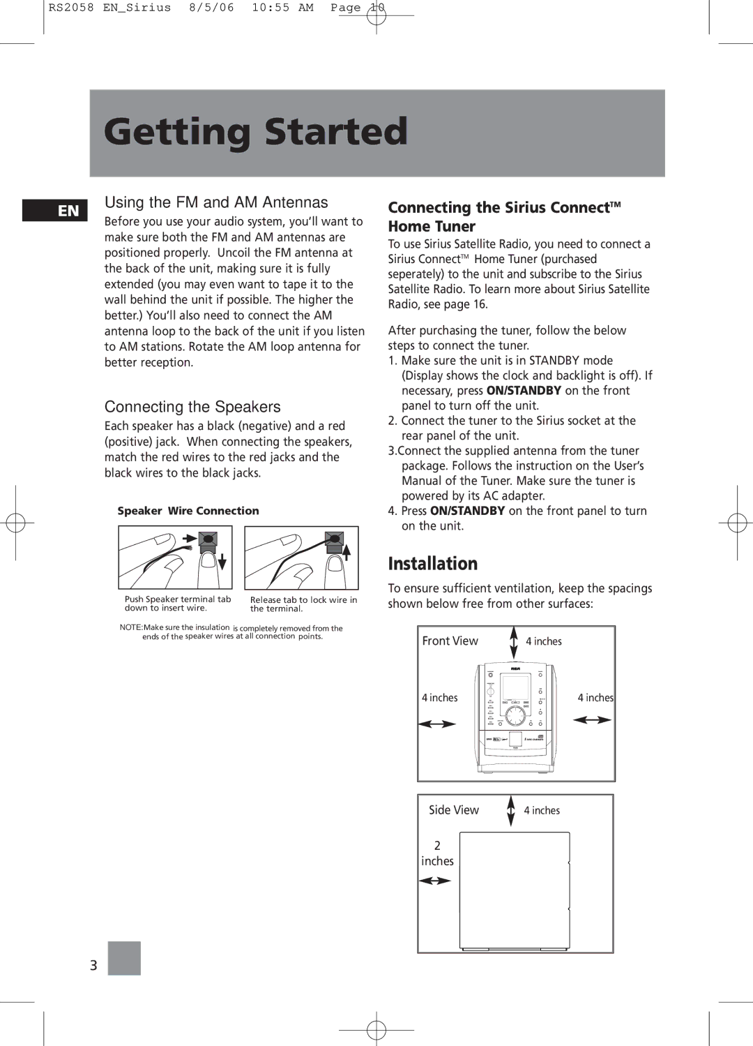 RCA RS2058 Installation, Using the FM and AM Antennas, Connecting the Speakers, Connecting the Sirius ConnectTM Home Tuner 