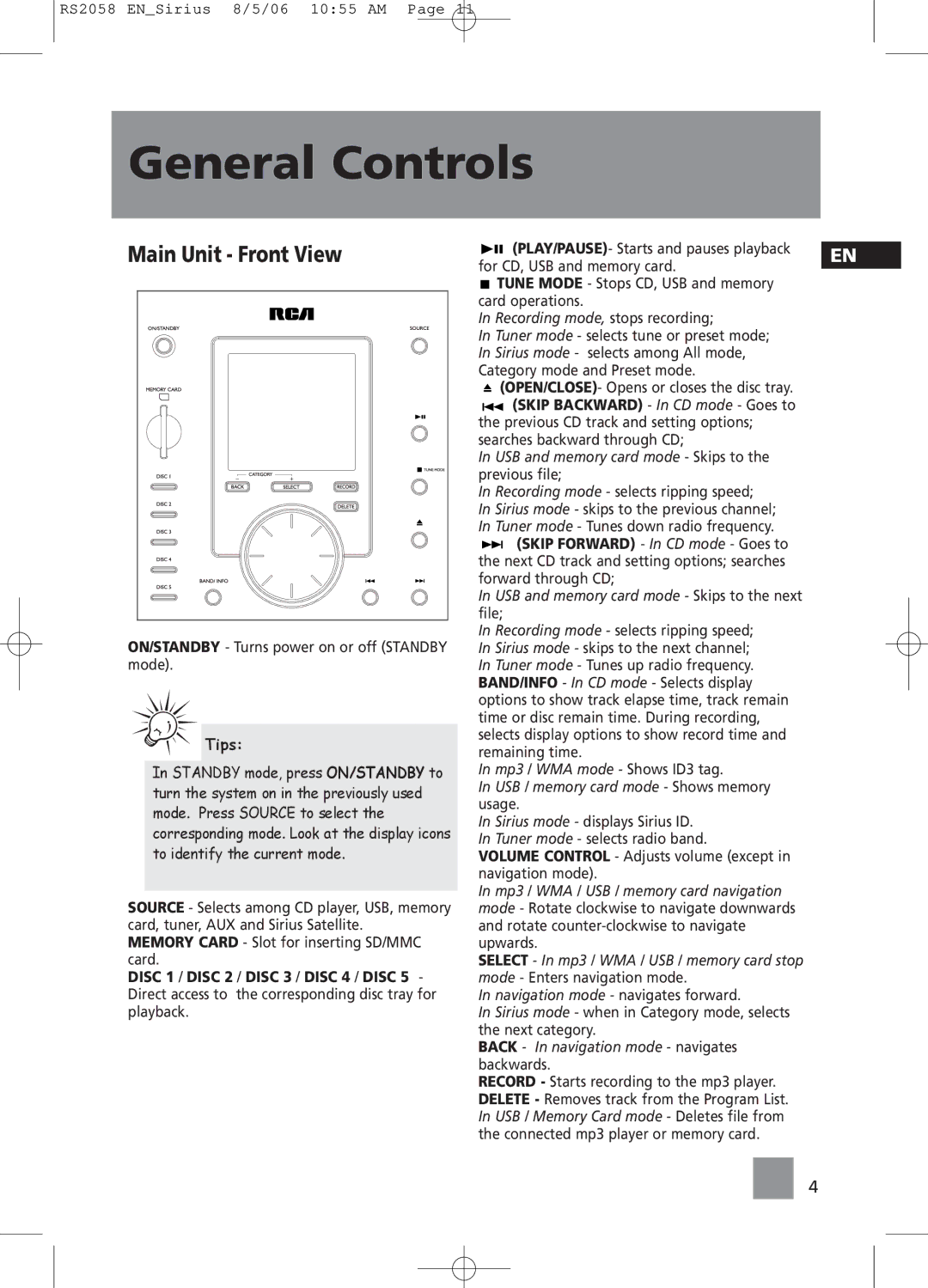 RCA RS2058 General Controls, Main Unit Front View, Skip Backward In CD mode Goes to, Skip Forward In CD mode Goes to 