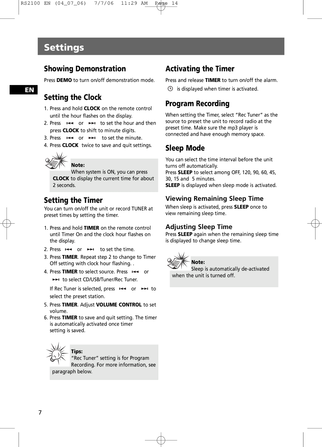 RCA RS2100 user manual Settings 