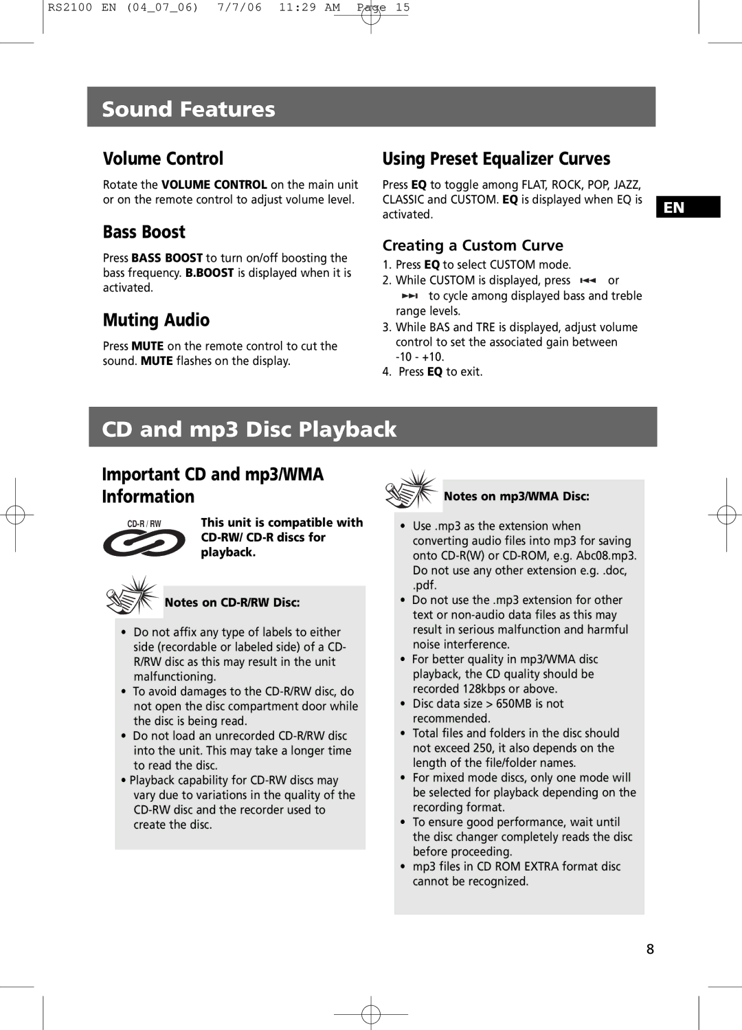 RCA RS2100 user manual Sound Features, CD and mp3 Disc Playback 