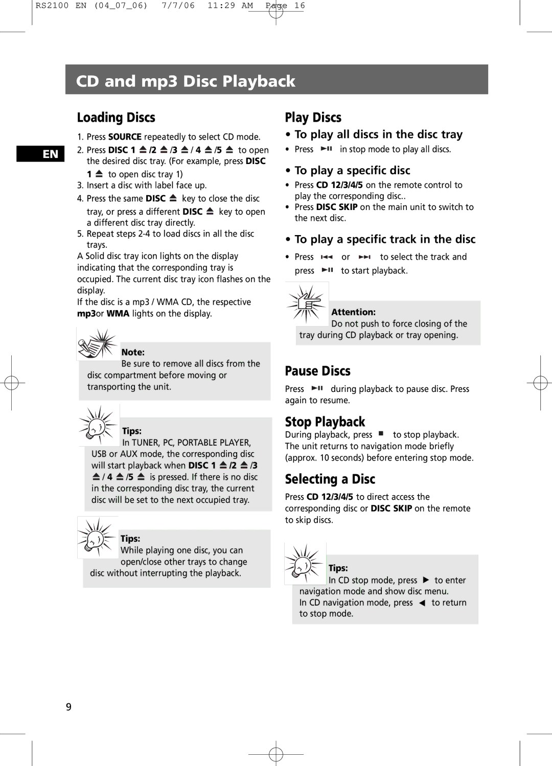 RCA RS2100 user manual Loading Discs, Play Discs, Pause Discs, Stop Playback, Selecting a Disc 