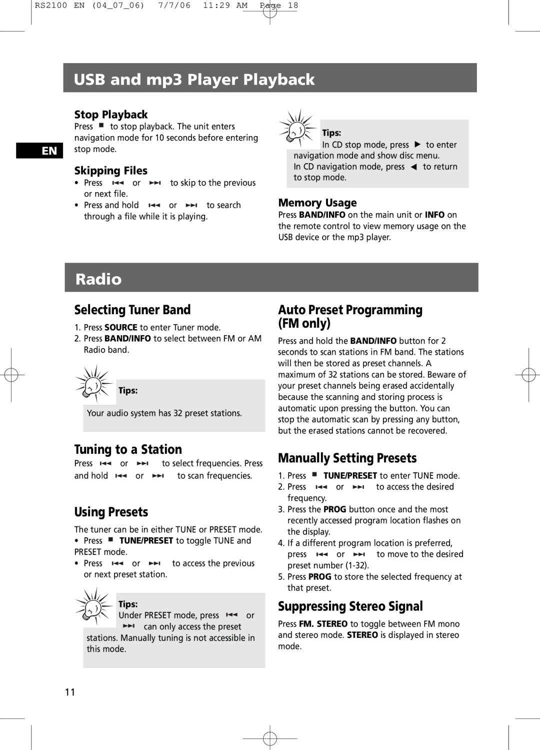 RCA RS2100 user manual Radio 