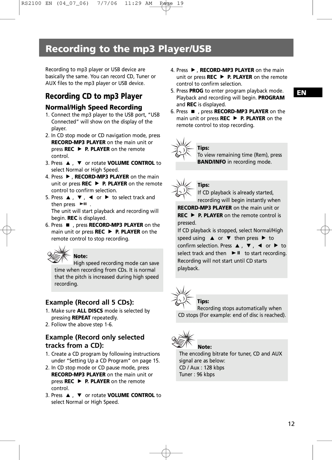 RCA RS2100 user manual Recording to the mp3 Player/USB, Recording CD to mp3 Player, Normal/High Speed Recording 