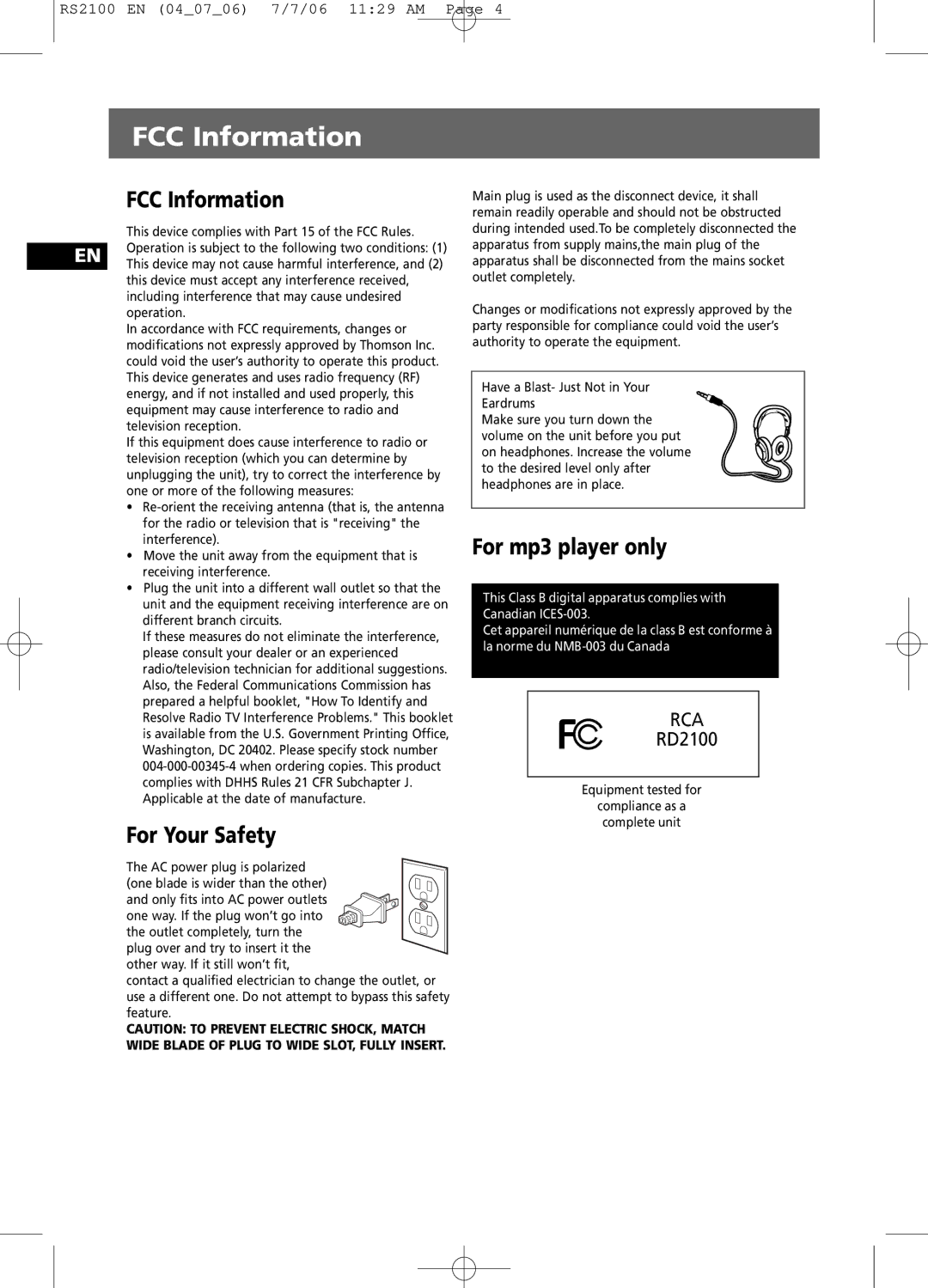 RCA RS2100 user manual FCC Information, For Your Safety, For mp3 player only 