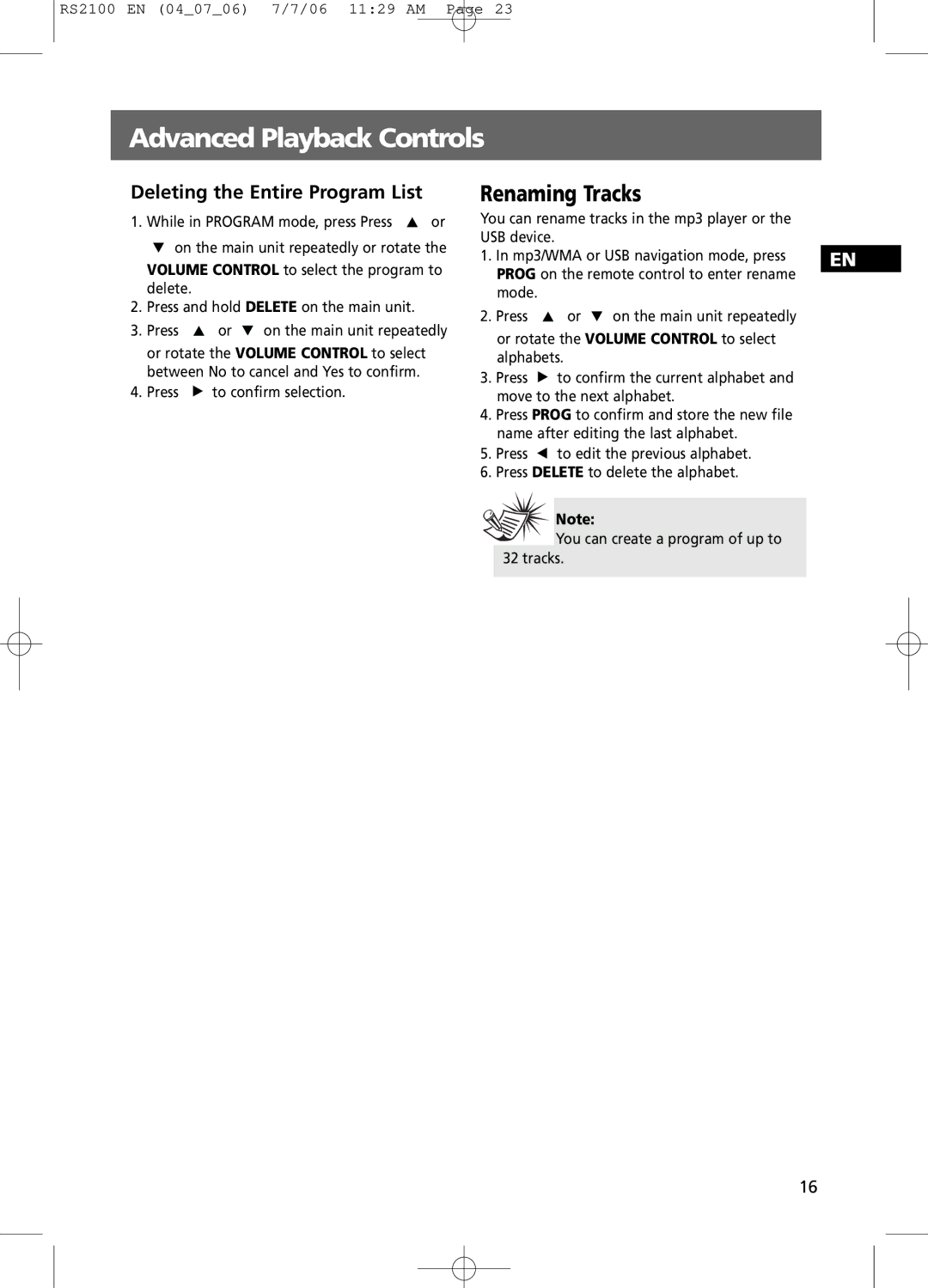 RCA RS2100 user manual Renaming Tracks, Deleting the Entire Program List, Volume Control to select the program to delete 