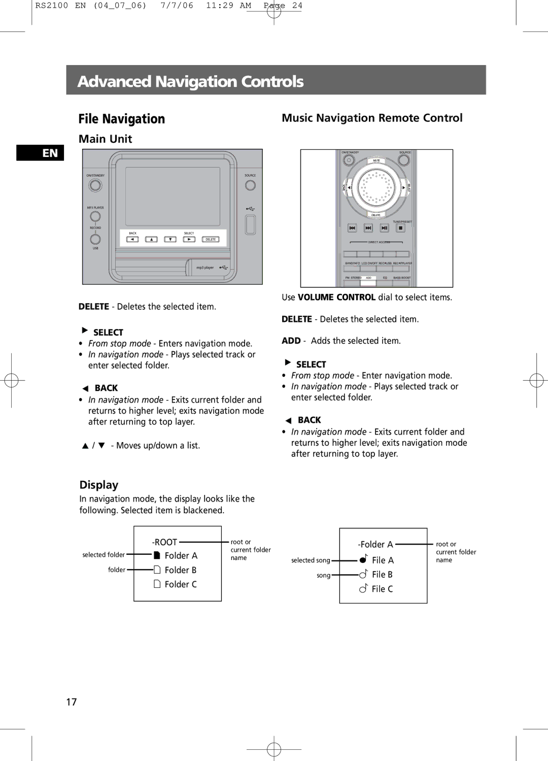 RCA RS2100 user manual Advanced Navigation Controls, File Navigation, Main Unit, Music Navigation Remote Control, Display 