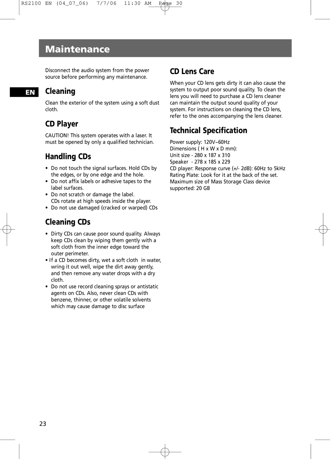 RCA RS2100 user manual Maintenance, EN Cleaning, CD Lens Care, CD Player Handling CDs, Cleaning CDs 