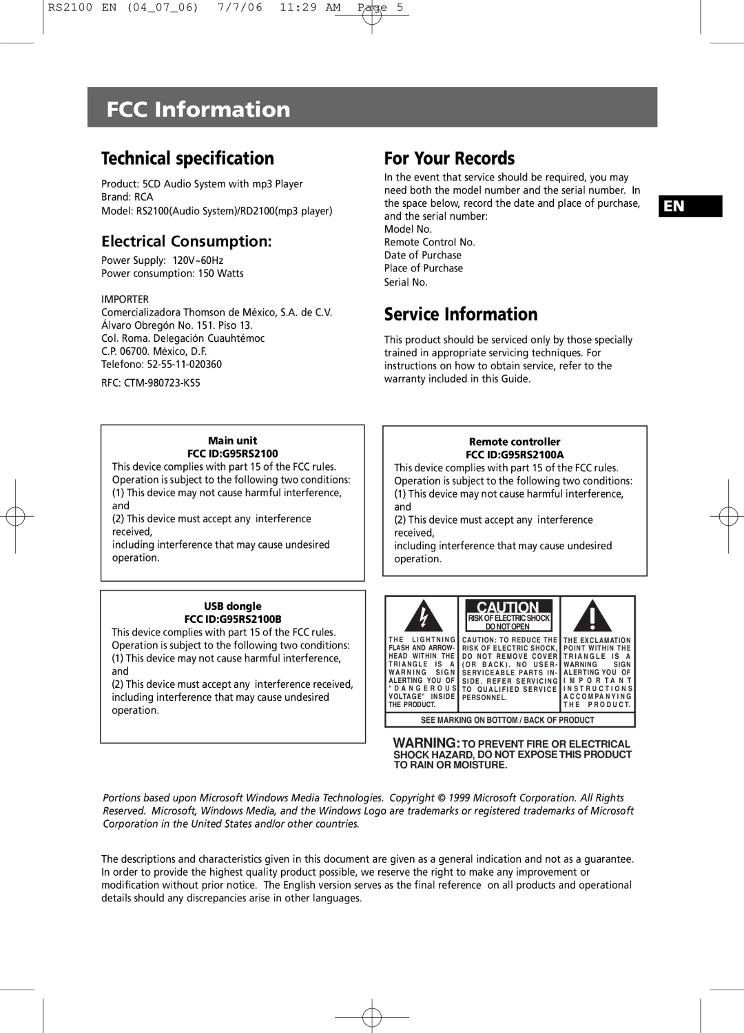 RCA RS2100 user manual Technical specification, For Your Records, Service Information, Electrical Consumption 