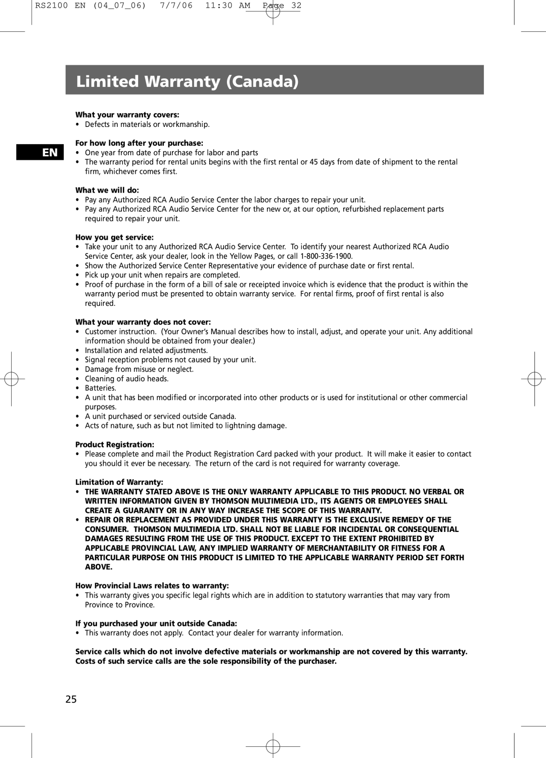 RCA RS2100 user manual Limited Warranty Canada, For how long after your purchase 