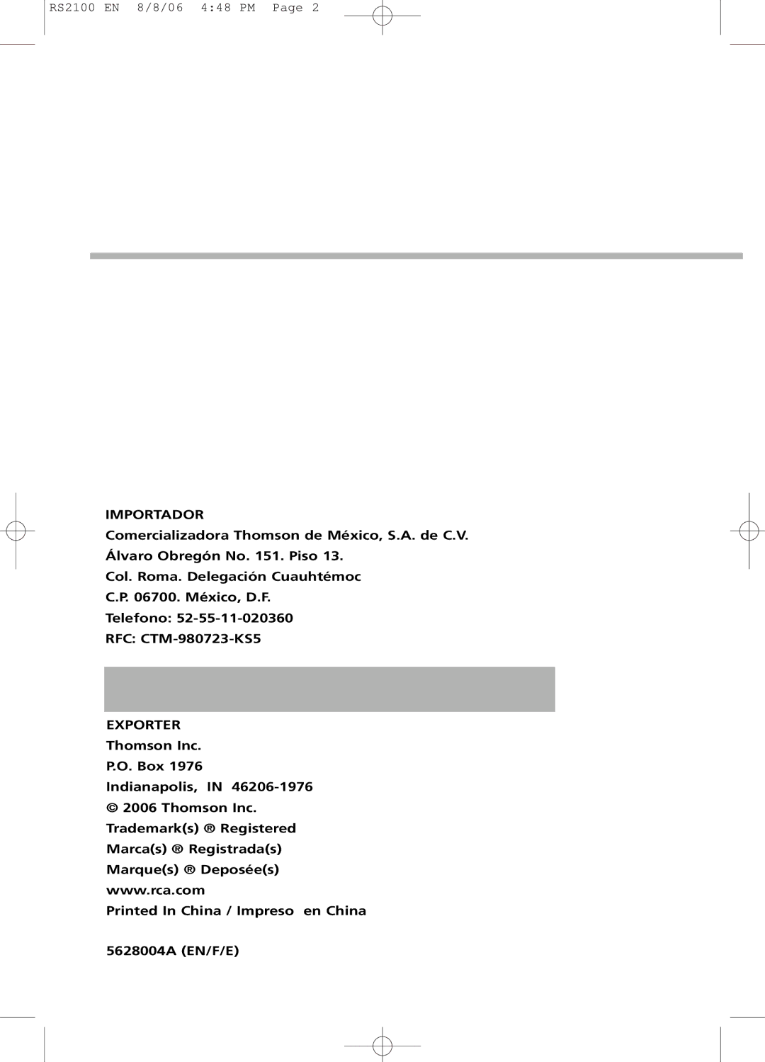 RCA RS2100 user manual Importador 