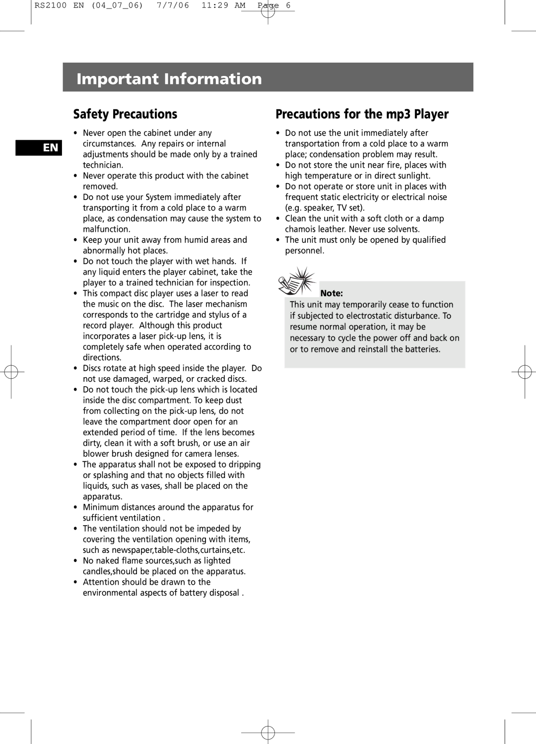 RCA RS2100 user manual Important Information, Safety Precautions, Precautions for the mp3 Player 