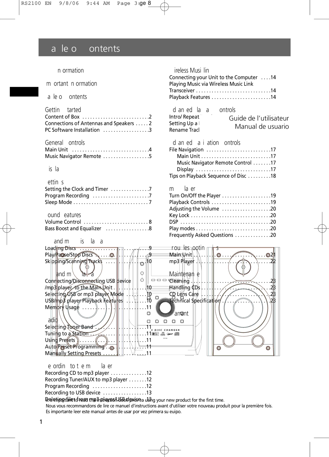 RCA RS2100 user manual Table of Contents 