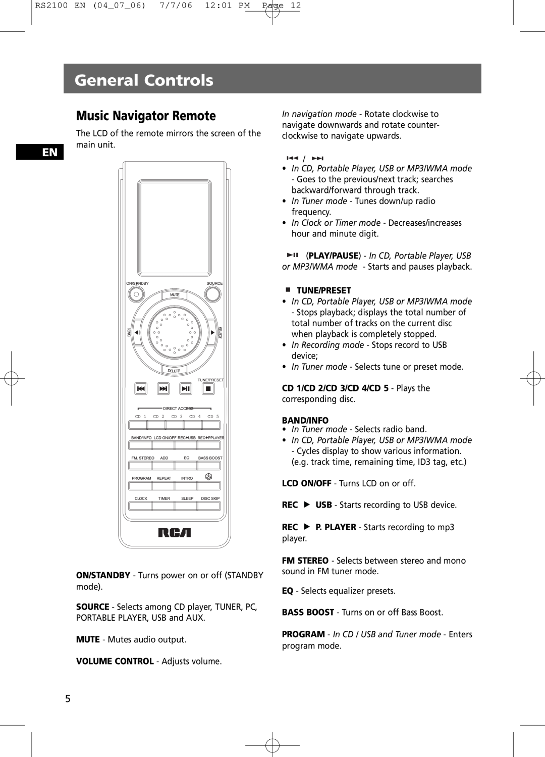 RCA RS2100 user manual Music Navigator Remote, General Controls, Tune/Preset, Band/Info 