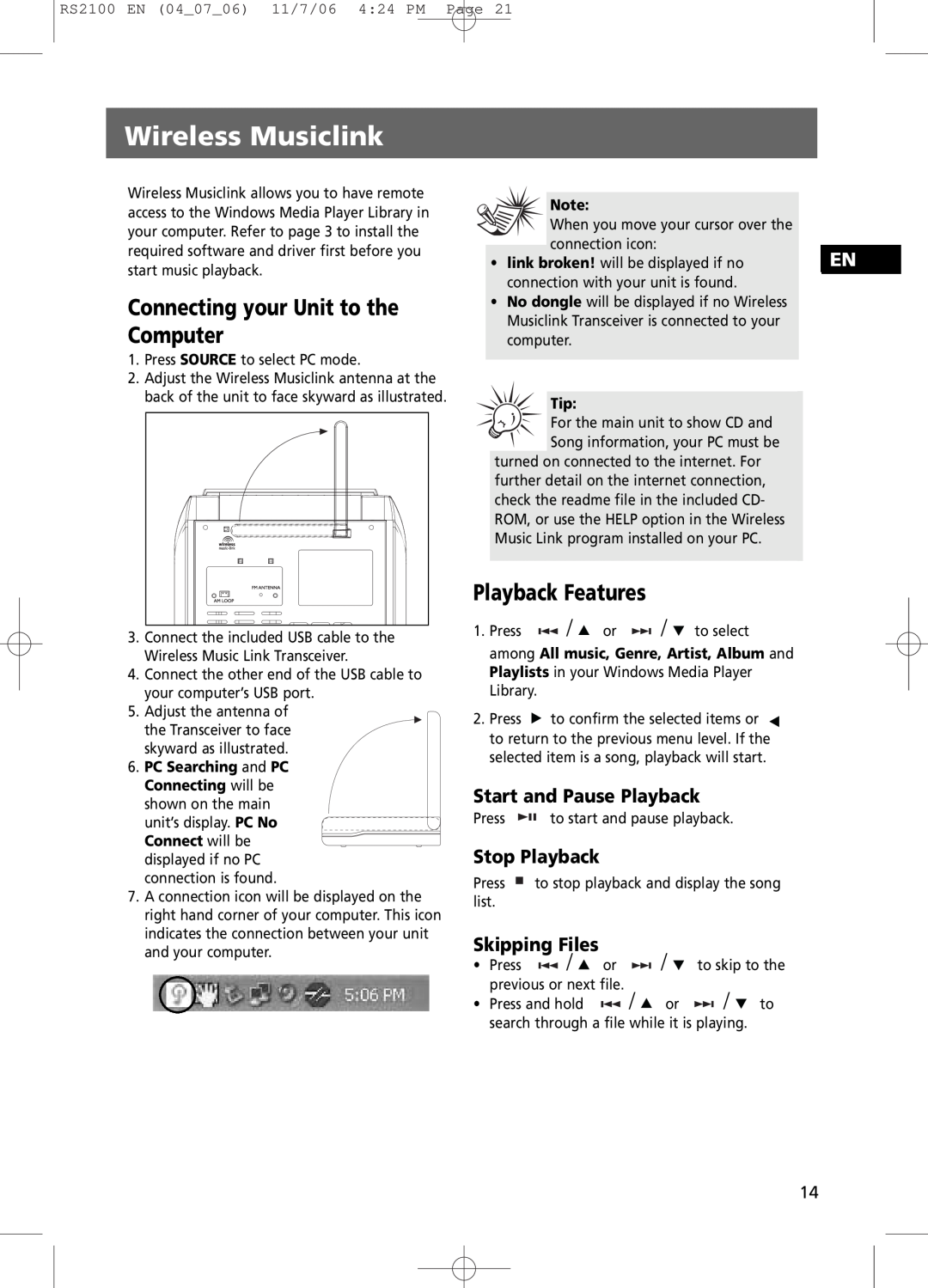 RCA RS2100 user manual Wireless Musiclink, Connecting your Unit to the Computer, Playback Features 