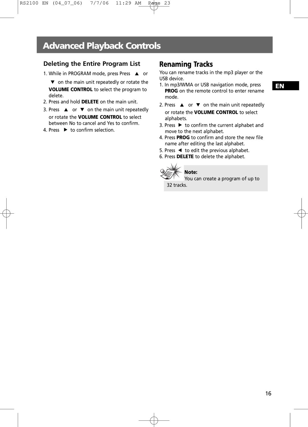 RCA RS2100 user manual Renaming Tracks, Advanced Playback Controls, Deleting the Entire Program List 