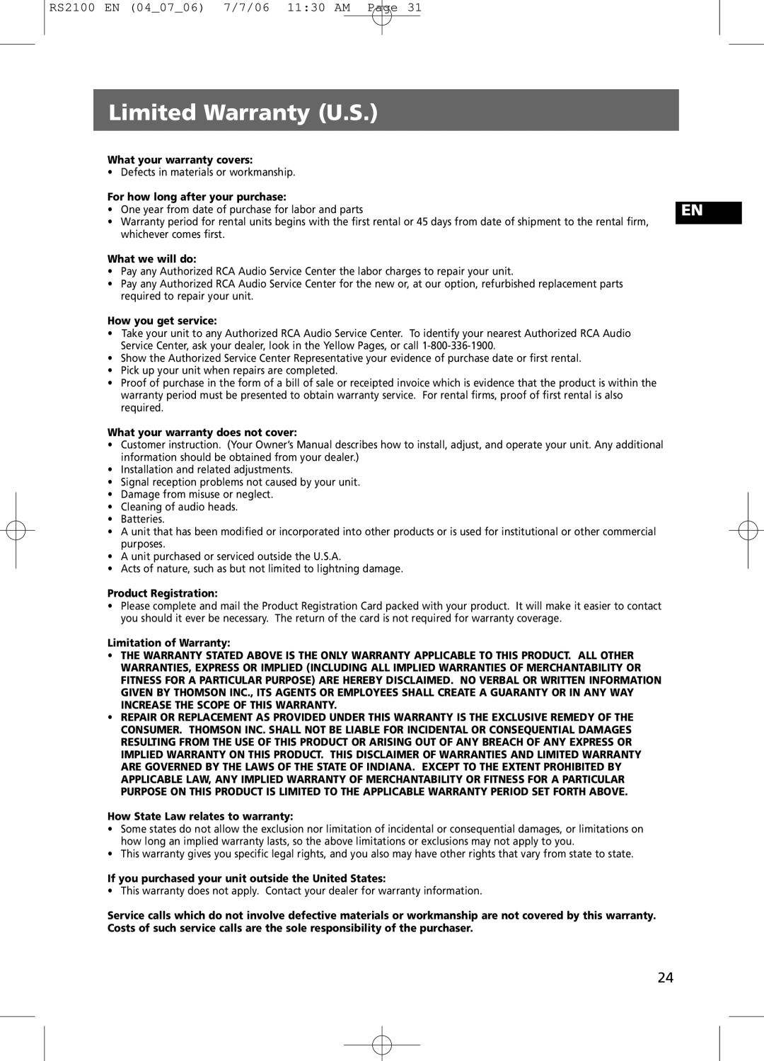 RCA user manual Limited Warranty U.S, RS2100 EN 04 07 06 7/7/06 11 30 AM Page 