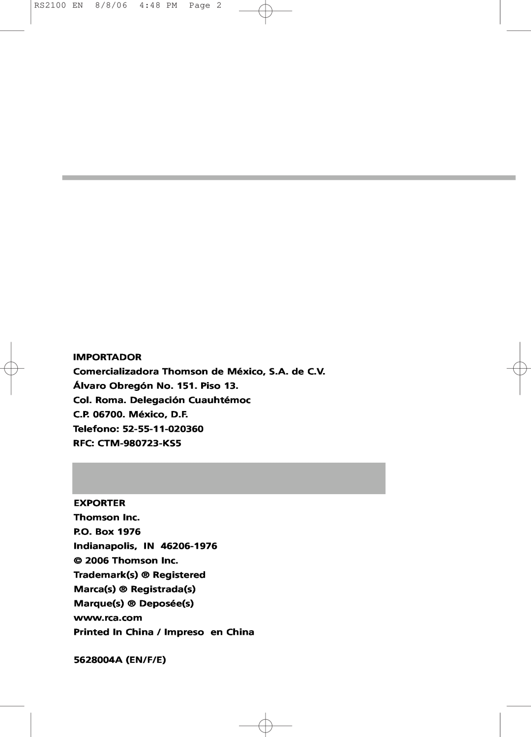 RCA user manual RS2100 EN 8/8/06 4 48 PM Page, Importador 