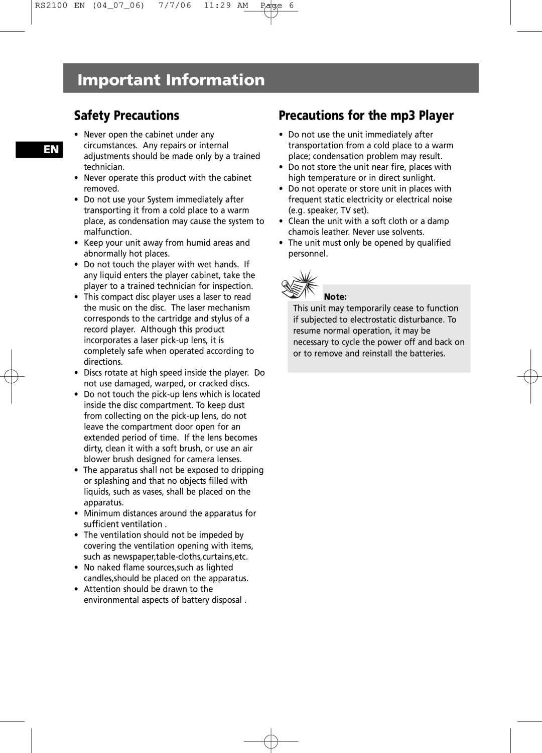 RCA RS2100 user manual Important Information, Safety Precautions, Precautions for the mp3 Player 