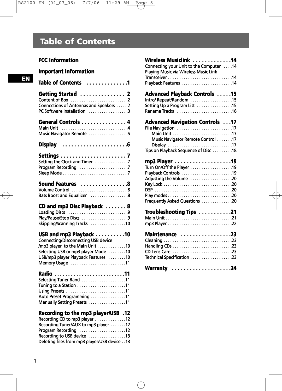 RCA RS2100 user manual Table of Contents 