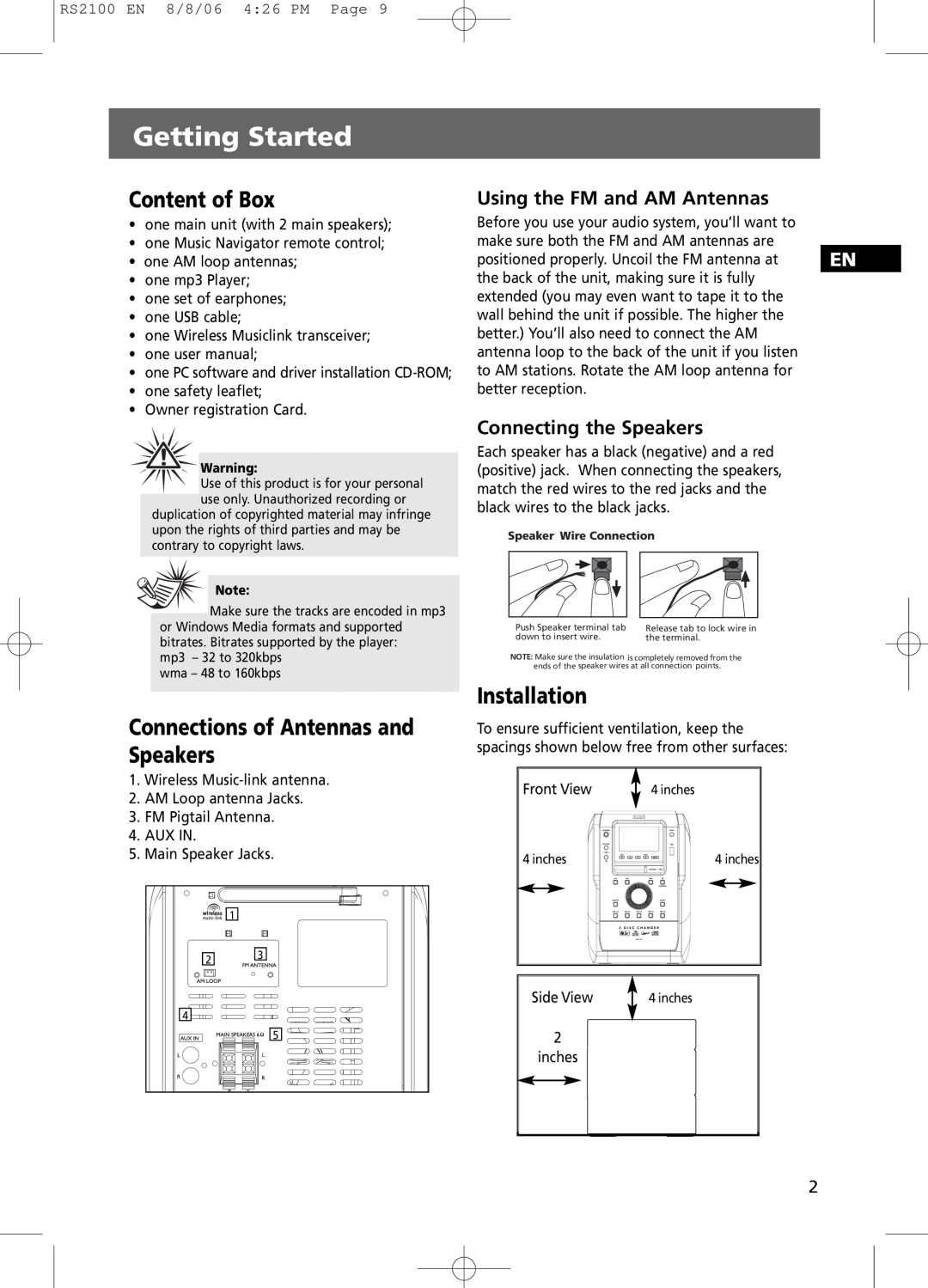 RCA RS2100 user manual Getting Started, Content of Box, Connections of Antennas and Speakers, Installation 