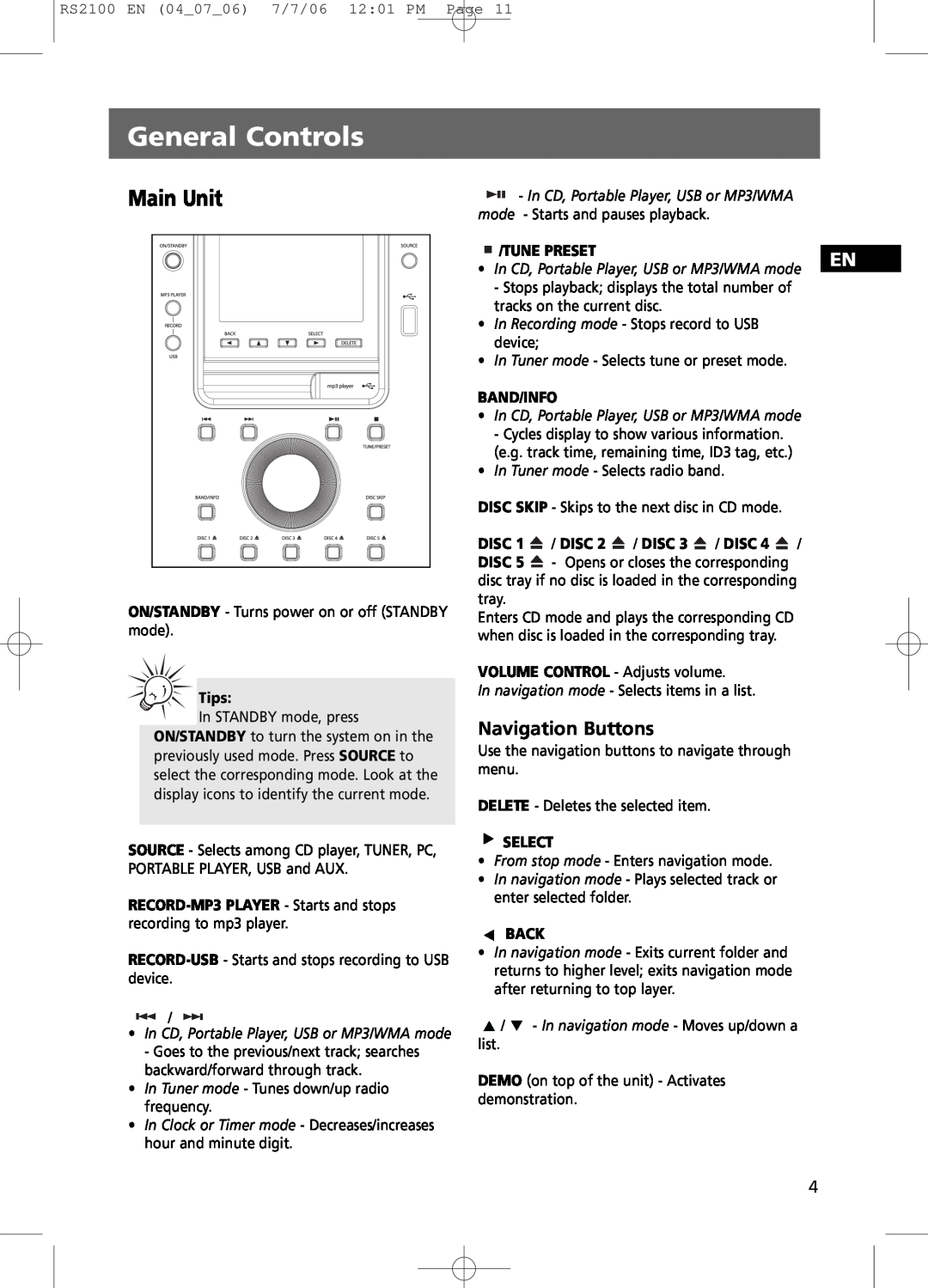 RCA user manual General Controls, Main Unit, RS2100 EN 04 07 06 7/7/06 12 01 PM Page, Tune Preset 