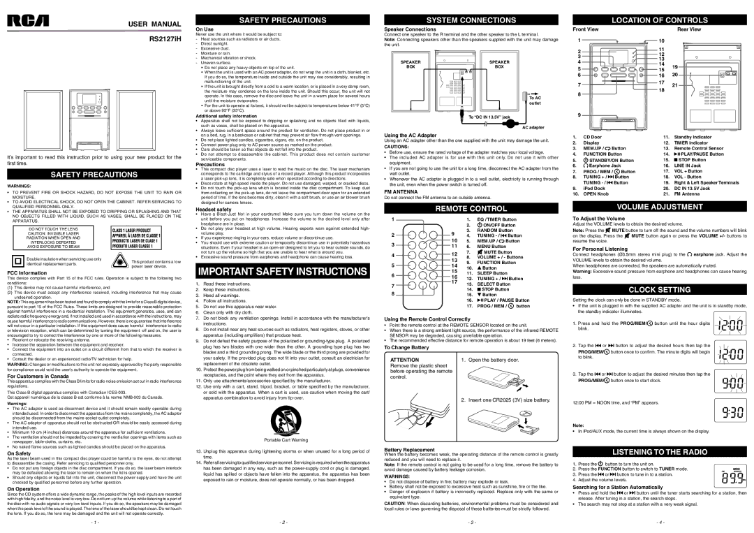 RCA RS2127iH important safety instructions System Connections, Location of Controls, Remote Control, Clock Setting 