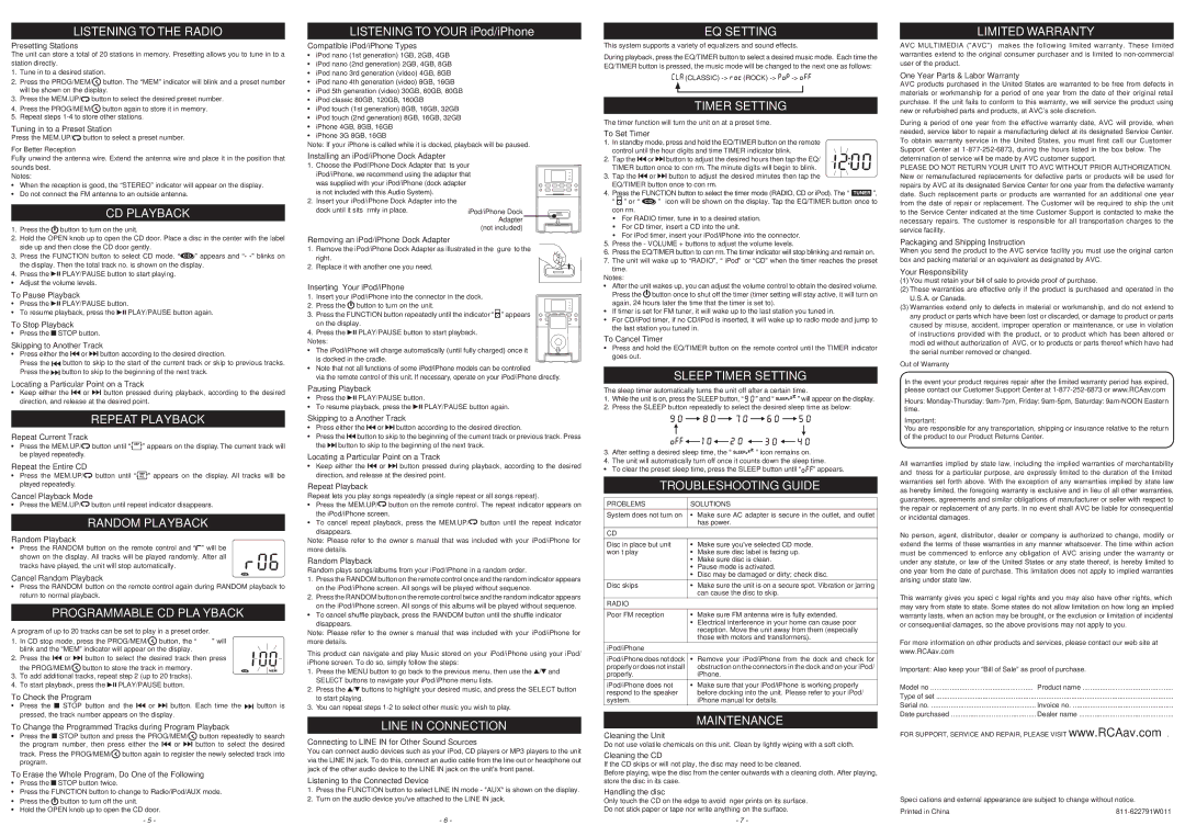 RCA RS2127iH Repeat Playback, Random Playback, Programmable CD Playback, Line in Connection, EQ Setting, Timer Setting 