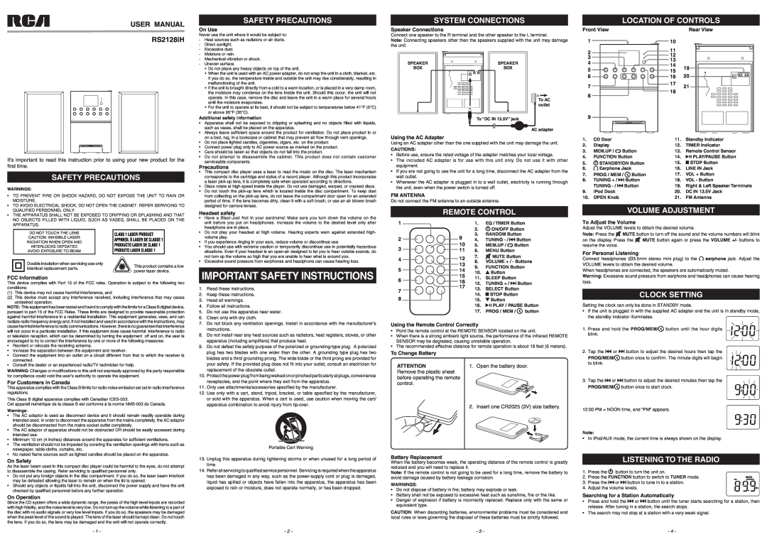 RCA RS2128iH important safety instructions Important Safety Instructions, Safety Precautions, System Connections 