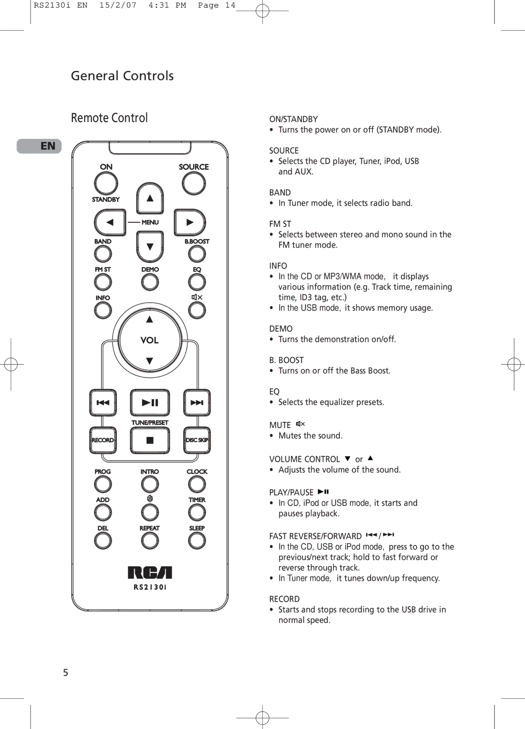 RCA RS2130i user manual General Controls Remote Control, CD, iPod or USB mode, it starts 