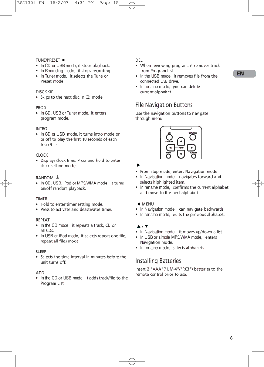 RCA RS2130i user manual Installing Batteries, CD, USB or Tuner mode, it enters program mode 