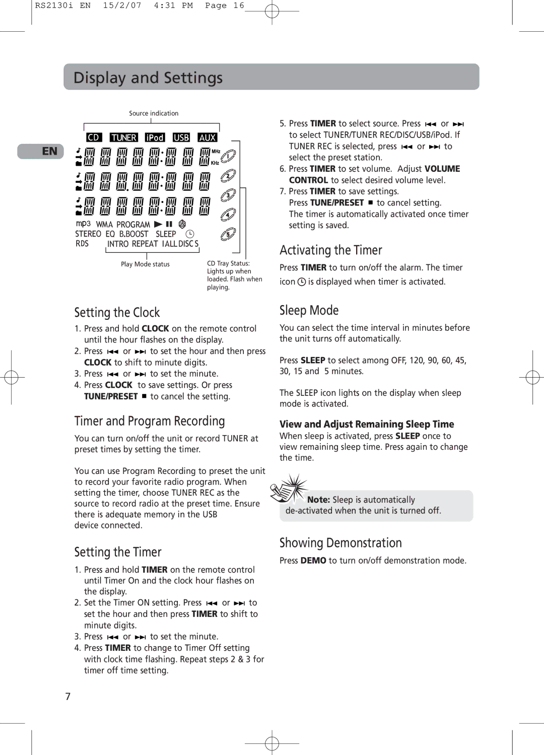 RCA RS2130i user manual Display and Settings 