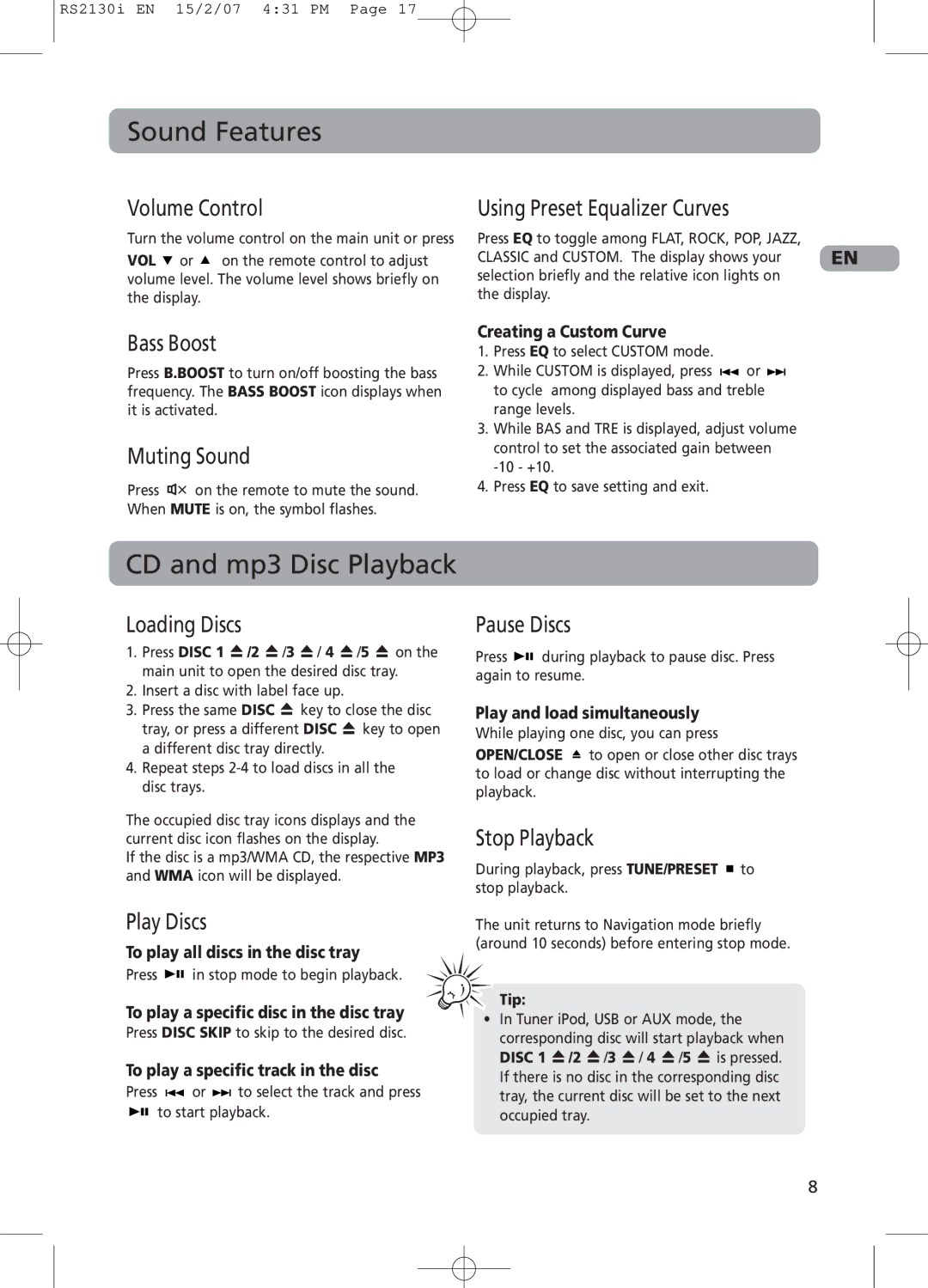 RCA RS2130i user manual Sound Features, CD and mp3 Disc Playback 