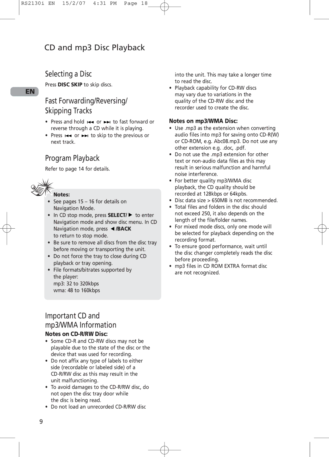 RCA RS2130i CD and mp3 Disc Playback Selecting a Disc, Fast Forwarding/Reversing Skipping Tracks, Program Playback 