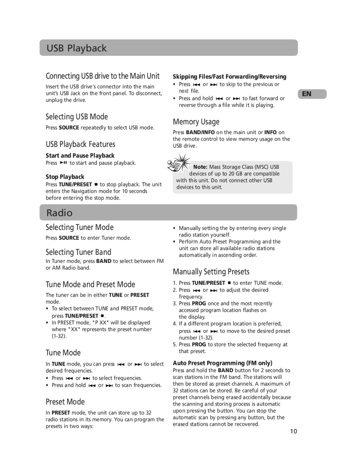 RCA RS2130i user manual USB Playback, Radio 