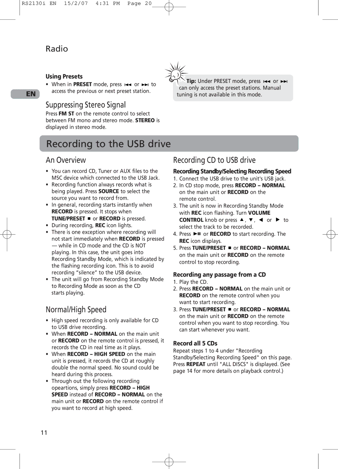 RCA RS2130i user manual Recording to the USB drive 