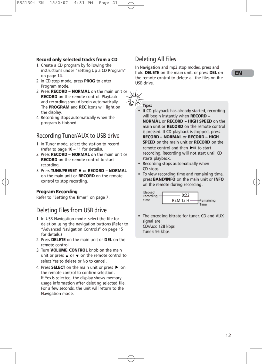 RCA RS2130i Deleting All Files, Deleting Files from USB drive, Record only selected tracks from a CD, Program Recording 