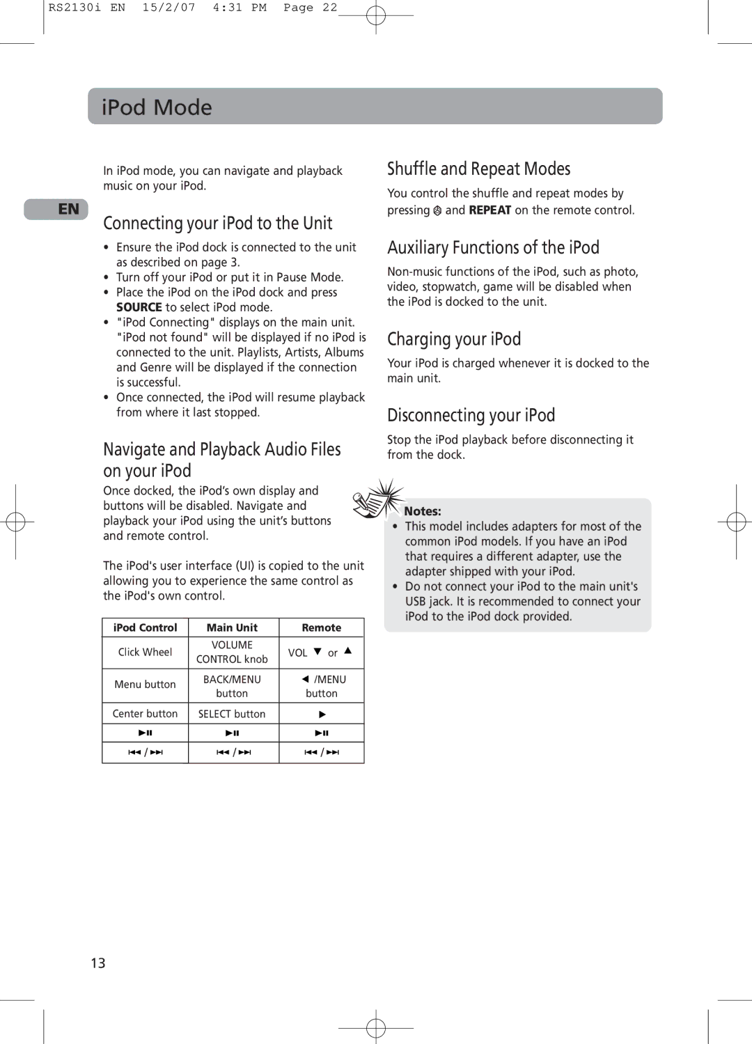 RCA RS2130i IPod Mode, Connecting your iPod to the Unit, Shuffle and Repeat Modes, Auxiliary Functions of the iPod 