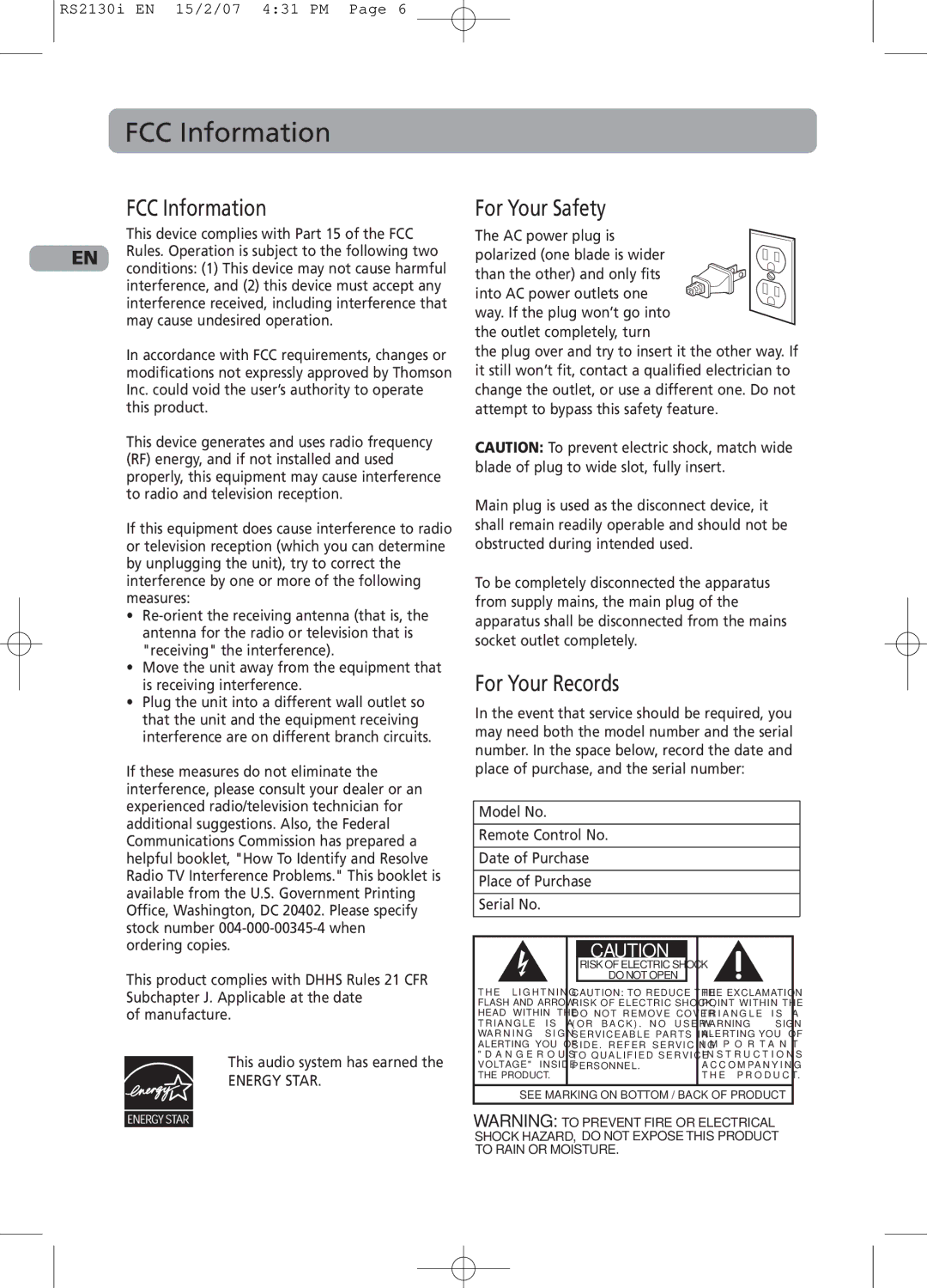 RCA RS2130i user manual FCC Information, For Your Safety, For Your Records 