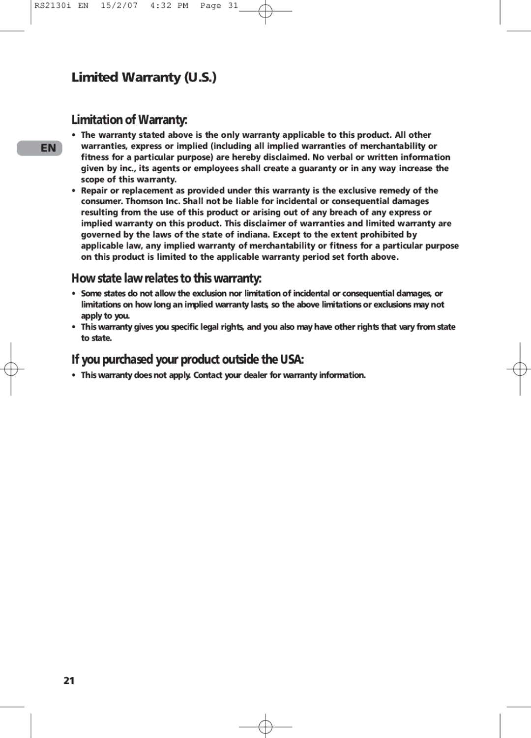 RCA RS2130i user manual Limited Warranty U.S Limitation of Warranty, How state law relates to this warranty 