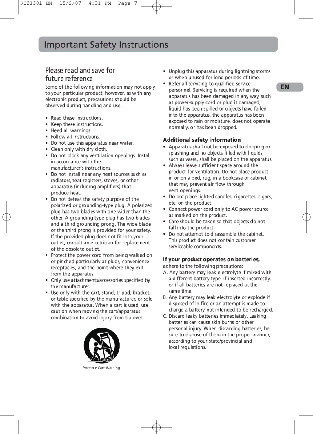 RCA RS2130i user manual Important Safety Instructions, Additional safety information, If your product operates on batteries 