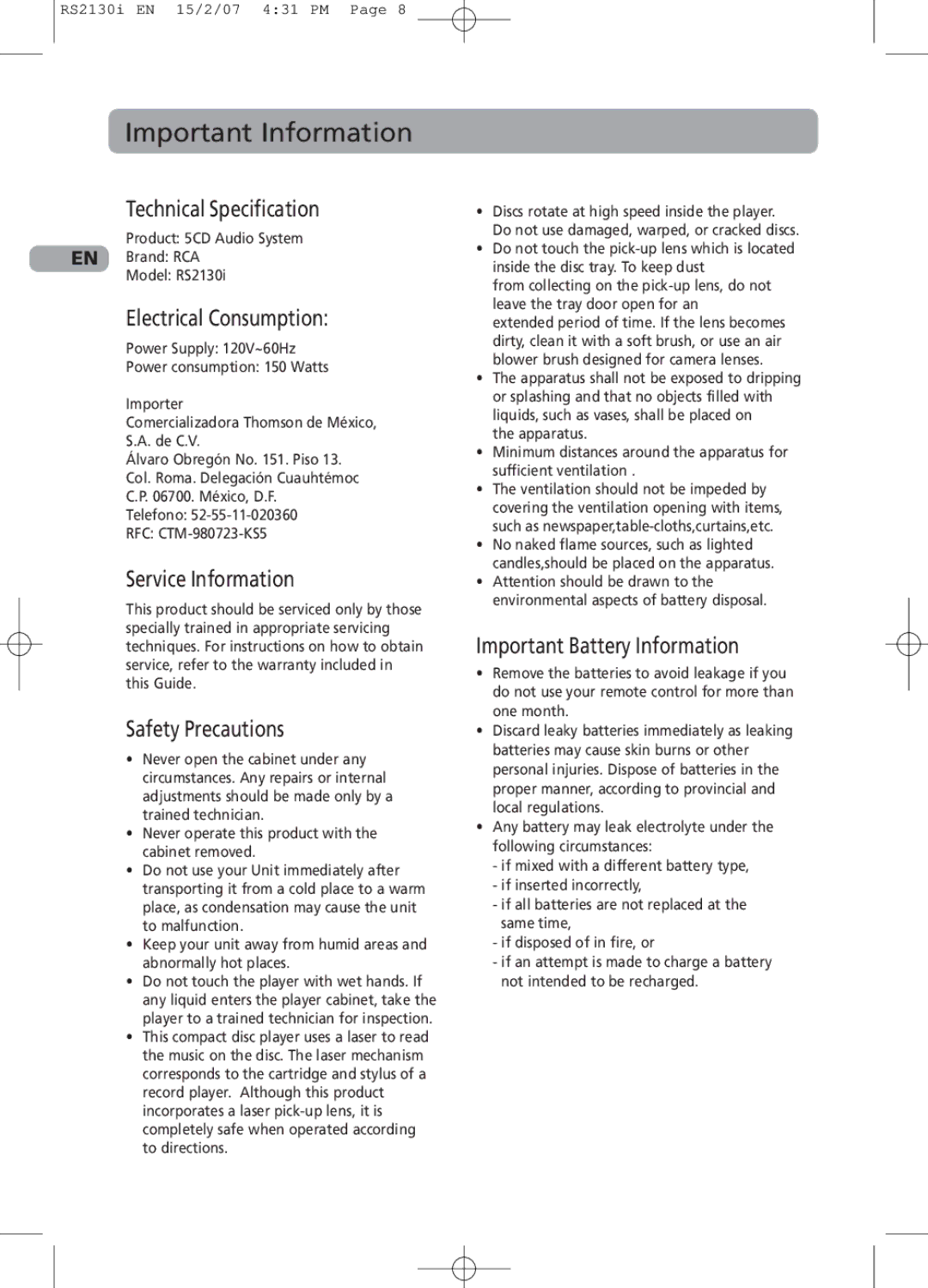 RCA RS2130i user manual Important Information 